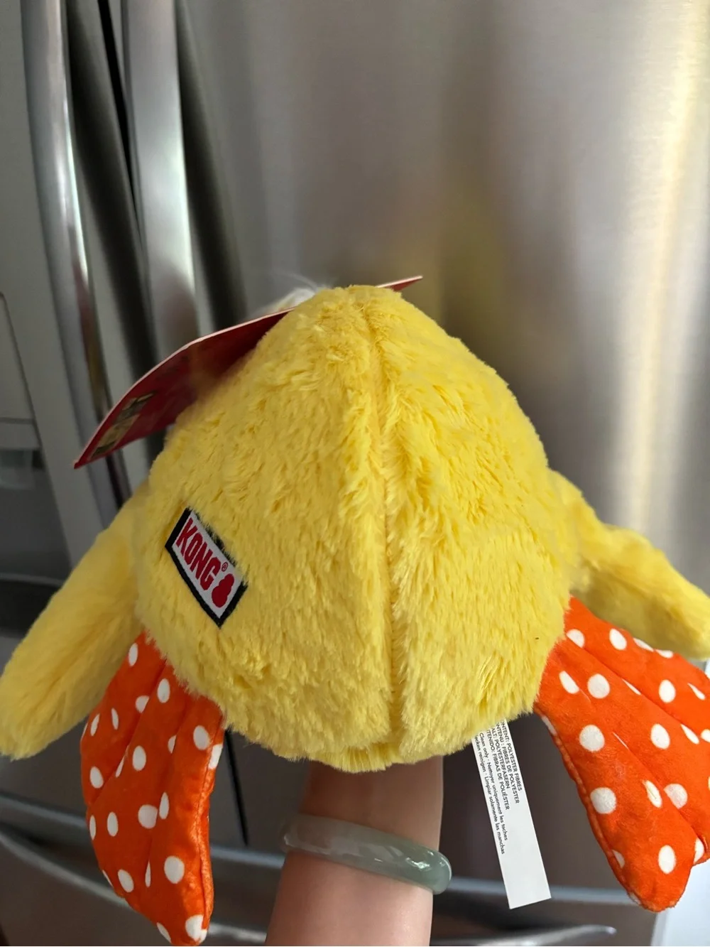 Kong Yellow Plush Duck with Orange Polka Dot Tail dog toy NEW WITH TAGS